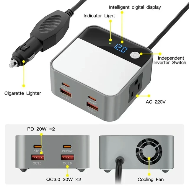 Alt view image 3 of 6 - 200W Fast Charging Port Car Socket Charger Adapter DC 12V To AC 110V Car Adapter Car Inverter for Camping and Road Trip