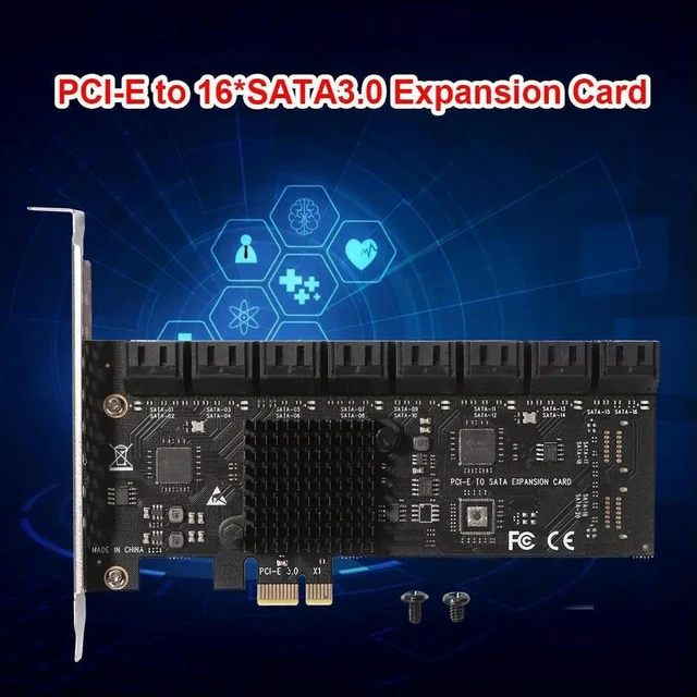Alt view image 2 of 3 - Controller Adapter Riser Expansion Card PCIE Adapter 16 Port PCI-Express X1 to SATA3.0 Controller Expansion Card