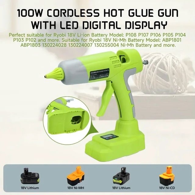 Alt view image 3 of 3 - 100W Cordless Handheld Hot Glue Gun Display Temperature DIY Electric Repair Tool with 11mm Glue Stick for Ryobi 18V Batteries
