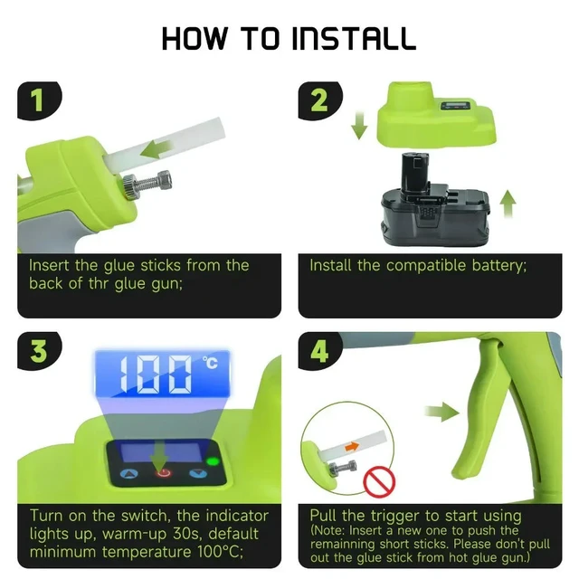Alt view image 2 of 3 - 100W Cordless Handheld Hot Glue Gun Display Temperature DIY Electric Repair Tool with 11mm Glue Stick for Ryobi 18V Batteries