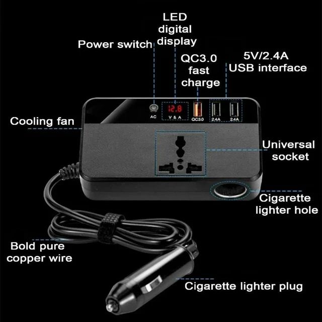 Alt view image 3 of 3 - 200W Car Inverter Car Fast Charger Converter Cigarette Lighter Plug with 3 USB Ports Power Adapter for Outdoor Camping