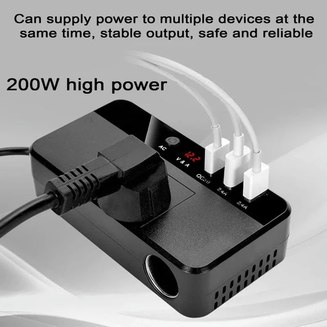 Alt view image 2 of 3 - 200W Car Inverter Car Fast Charger Converter Cigarette Lighter Plug with 3 USB Ports Power Adapter for Outdoor Camping