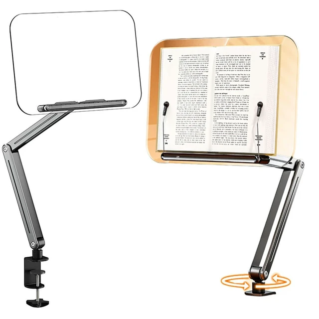 Alt view image 3 of 3 - Acrylic Book Stand with Elastic Page Clips Foldable Book Support 360° Rotating Collapsible Desktop Riser Stand for Home Office