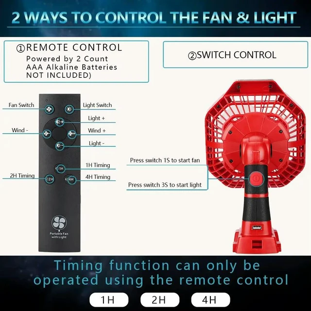 Alt view image 2 of 6 - For Milwaukee 18V Camping Fan Rechargeable Handheld Fan 3 Speeds, 3 Light Modes for Camping, Power Outage Sites