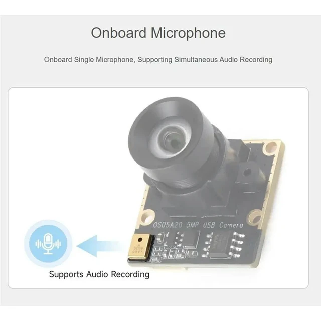 Alt view image 2 of 6 - OS05A20 5MP USB Camera Module, Onboard Single Microphone, Supports USB2.0 Port, 91.7° FOV Distortion-Free Lens