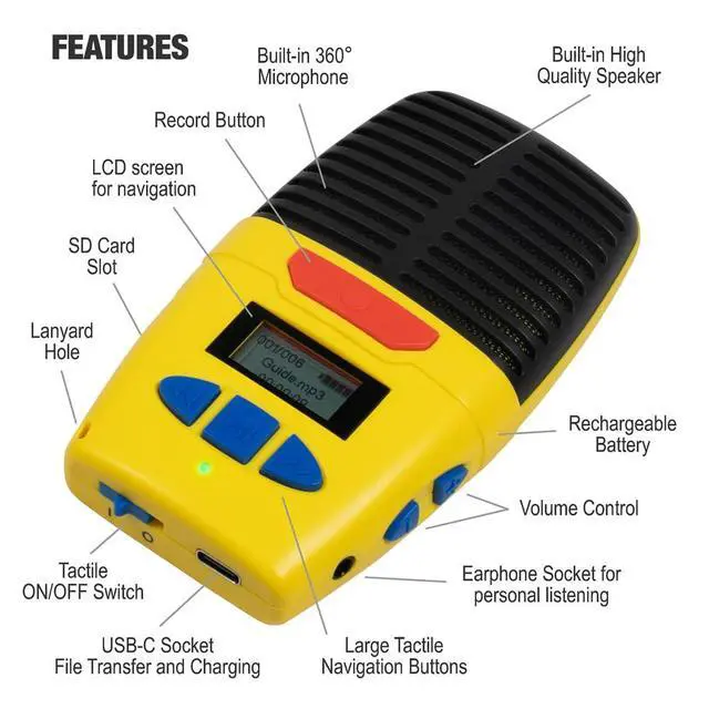 Alt view image 6 of 7 - Micro-Speak Plus Digital Voice Dictaphone Recorder and MP3 Player, 1GB, Yellow. 15 Hours Recording Time. Independent Living Aid & Education Learning Resource