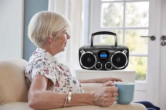 Alt view image 5 of 7 - Portable CD Player Bluetooth Stereo Sound, Digital AM FM Radio, MP3 CD Boombox USB SD Playback with Enhanced Bass, Aux in, Headphone Jack, CD-R/CD-RW Compatible, LCD Backlit Display, Black