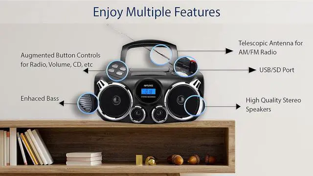 Alt view image 6 of 7 - Portable CD Player Bluetooth Stereo Sound, Digital AM FM Radio, MP3 CD Boombox USB SD Playback with Enhanced Bass, Aux in, Headphone Jack, CD-R/CD-RW Compatible, LCD Backlit Display, Black