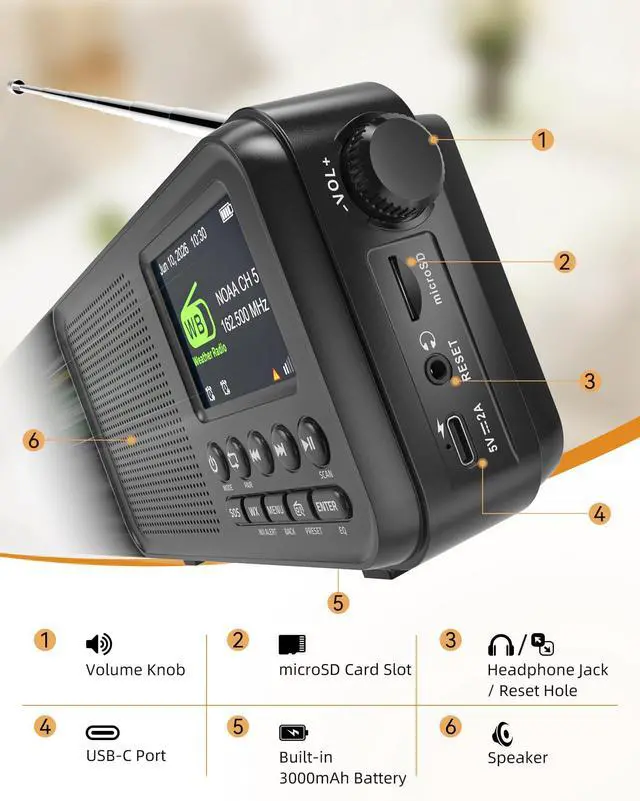 Alt view image 2 of 7 - FM Radio, Portable Radio with Bluetooth & NOAA Weather Alert | Auto Scan, 40 Presets, 8W Sound, 2.4" Color Display, USB-C Charging, microSD Playback, Dual Alarms, Sleep Timer, 6 EQ Modes