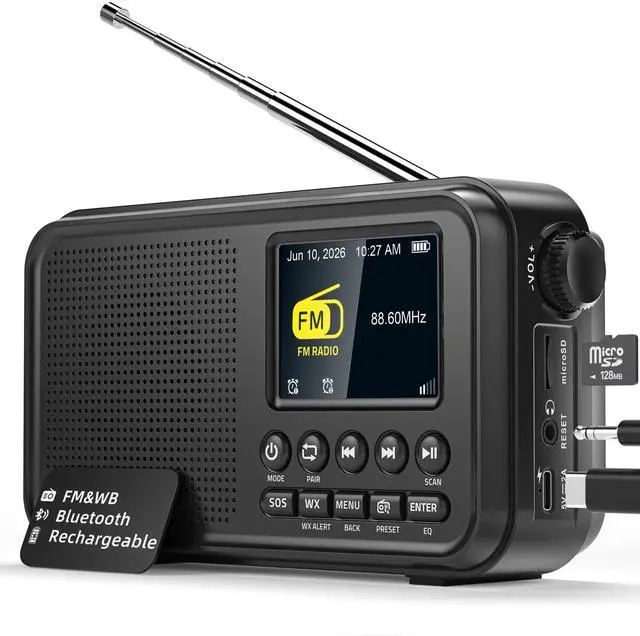 Main image of FM Radio, Portable Radio with Bluetooth & NOAA Weather Alert | Auto Scan, 40 Presets, 8W Sound, 2.4" Color Display, USB-C Charging, microSD Playback, Dual Alarms, Sleep Timer, 6 EQ Modes