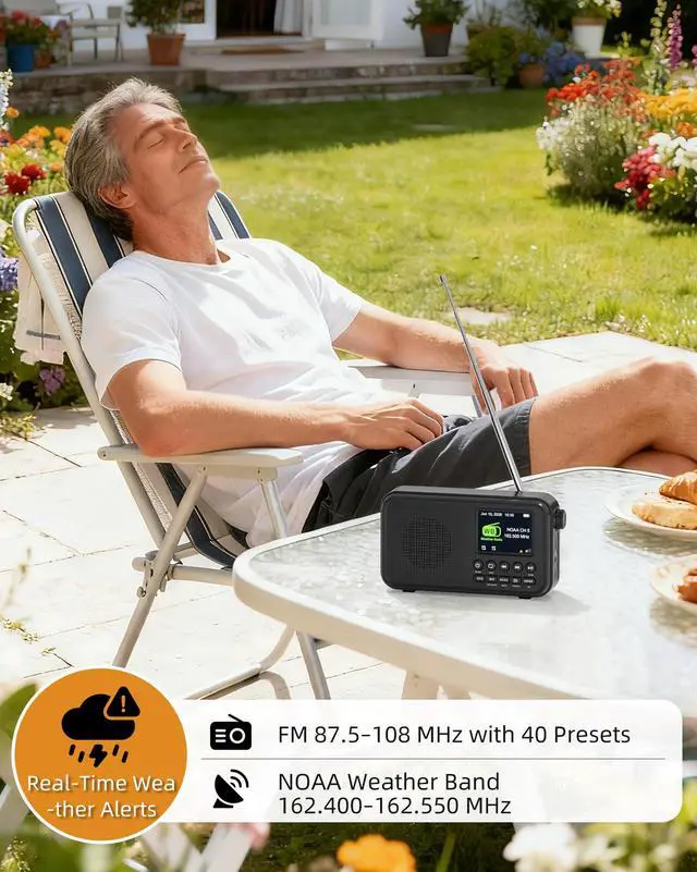 Alt view image 3 of 7 - FM Radio, Portable Radio with Bluetooth & NOAA Weather Alert | Auto Scan, 40 Presets, 8W Sound, 2.4" Color Display, USB-C Charging, microSD Playback, Dual Alarms, Sleep Timer, 6 EQ Modes