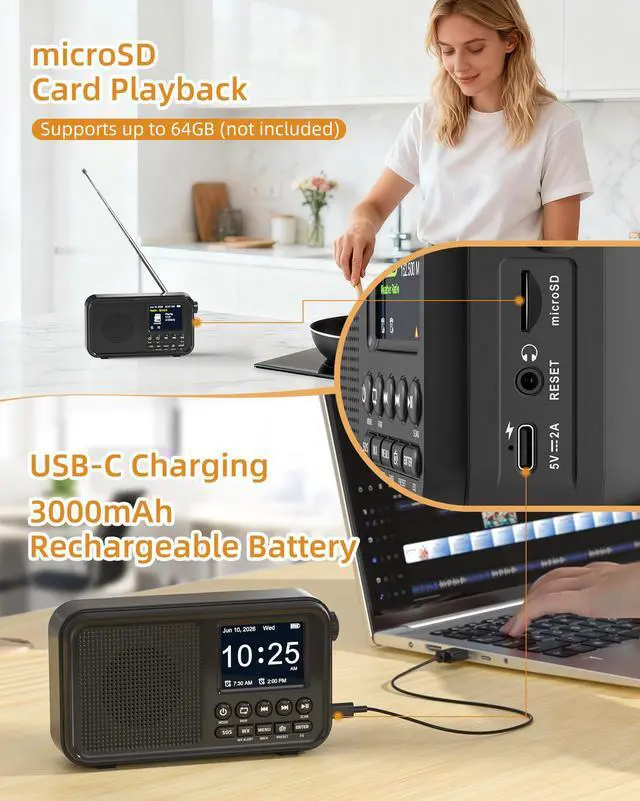Alt view image 6 of 7 - FM Radio, Portable Radio with Bluetooth & NOAA Weather Alert | Auto Scan, 40 Presets, 8W Sound, 2.4" Color Display, USB-C Charging, microSD Playback, Dual Alarms, Sleep Timer, 6 EQ Modes