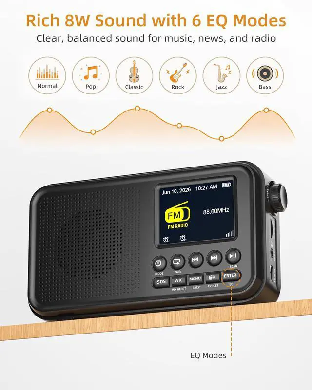 Alt view image 4 of 7 - FM Radio, Portable Radio with Bluetooth & NOAA Weather Alert | Auto Scan, 40 Presets, 8W Sound, 2.4" Color Display, USB-C Charging, microSD Playback, Dual Alarms, Sleep Timer, 6 EQ Modes