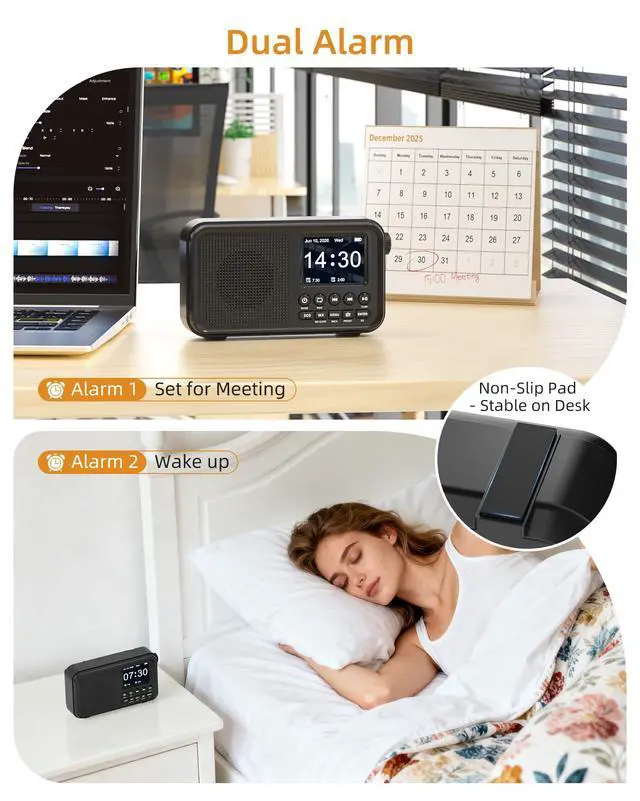 Alt view image 7 of 7 - FM Radio, Portable Radio with Bluetooth & NOAA Weather Alert | Auto Scan, 40 Presets, 8W Sound, 2.4" Color Display, USB-C Charging, microSD Playback, Dual Alarms, Sleep Timer, 6 EQ Modes