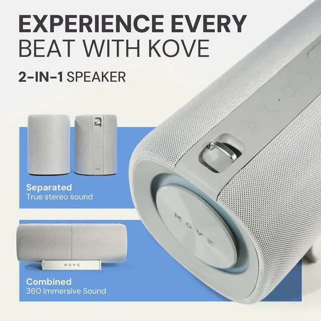 Alt view image 2 of 7 - KASITA Split Bluetooth Speaker System, 70W Surround Sound (Concrete) | Dual Detachable Speakers, 360 Surround or True Stereo - Sync Up to 100 Units, 9H Playtime, IPX6 Water Resistant, LED Lights
