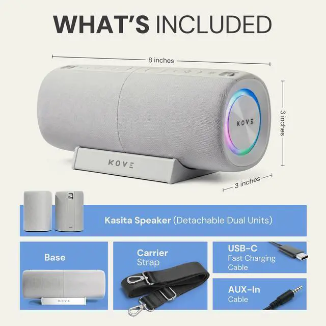 Alt view image 7 of 7 - KASITA Split Bluetooth Speaker System, 70W Surround Sound (Concrete) | Dual Detachable Speakers, 360 Surround or True Stereo - Sync Up to 100 Units, 9H Playtime, IPX6 Water Resistant, LED Lights