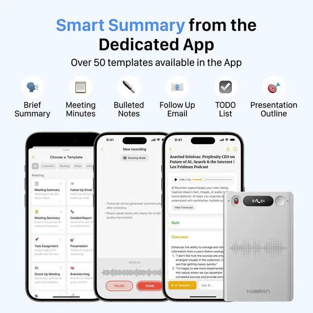 Alt view image 4 of 7 - AI Voice Recorder for Phone Calls, Meetings & Lectures | Smart AI Note-Taking Device with Dedicated App for Transcription, Summary & Notes | Magnetic Case, 32GB (Up to 2000 Hours) | PDF Summary