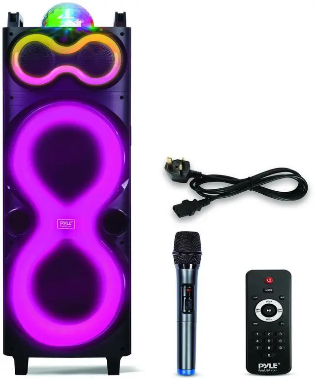 Main image of Bluetooth Speaker System with Wireless Mic, 240W PA and Karaoke Machine, Dual 10" Inch Speakers, Rechargeable Battery, USB/SD/AUX/FM Radio, LED Lights, Outdoor/Indoor Party Audio