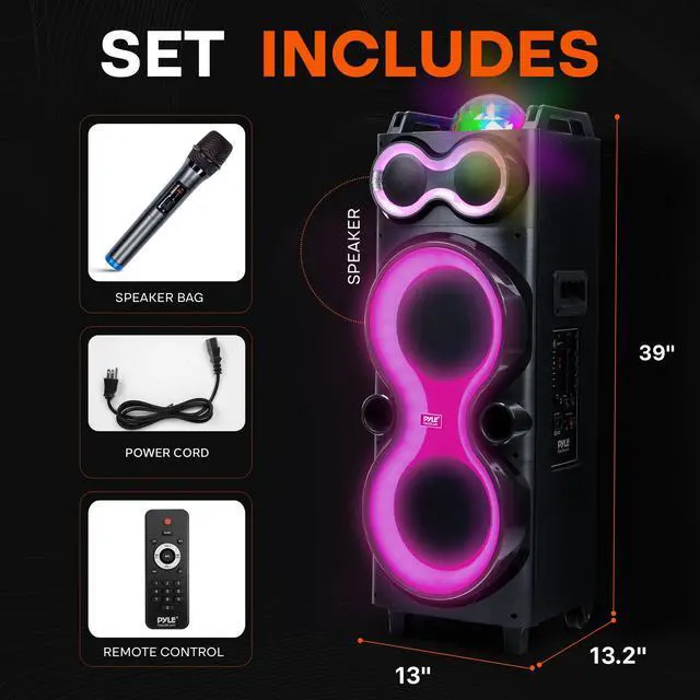 Alt view image 2 of 7 - Bluetooth Speaker System with Wireless Mic, 240W PA and Karaoke Machine, Dual 10" Inch Speakers, Rechargeable Battery, USB/SD/AUX/FM Radio, LED Lights, Outdoor/Indoor Party Audio