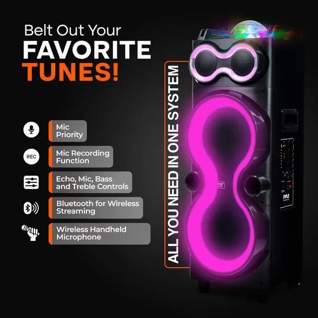 Alt view image 3 of 7 - Bluetooth Speaker System with Wireless Mic, 240W PA and Karaoke Machine, Dual 10" Inch Speakers, Rechargeable Battery, USB/SD/AUX/FM Radio, LED Lights, Outdoor/Indoor Party Audio