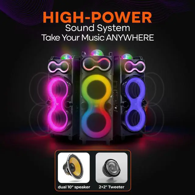 Alt view image 4 of 7 - Bluetooth Speaker System with Wireless Mic, 240W PA and Karaoke Machine, Dual 10" Inch Speakers, Rechargeable Battery, USB/SD/AUX/FM Radio, LED Lights, Outdoor/Indoor Party Audio