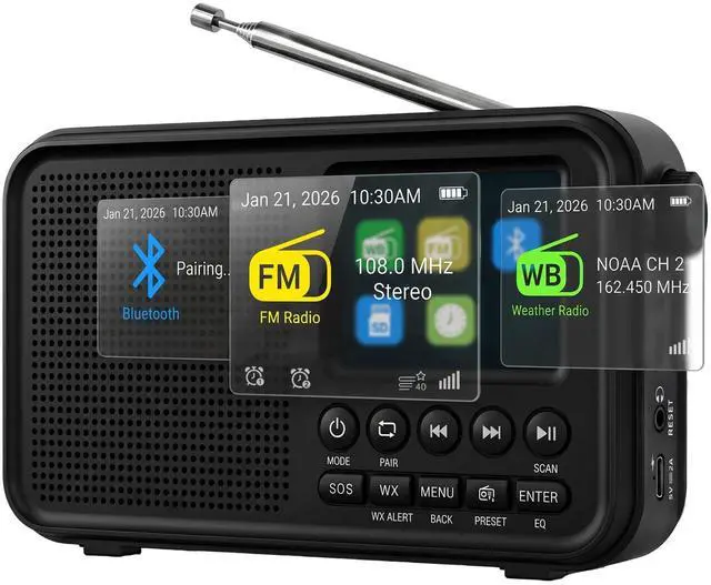Main image of FM Radio with Bluetooth, NOAA Weather Band, 2.4" Color Screen, Rechargeable Portable Radio, Dual Alarms, microSD Playback, USB-C Charging, Headphone Jack for Home, Bedroom, Office & Travel