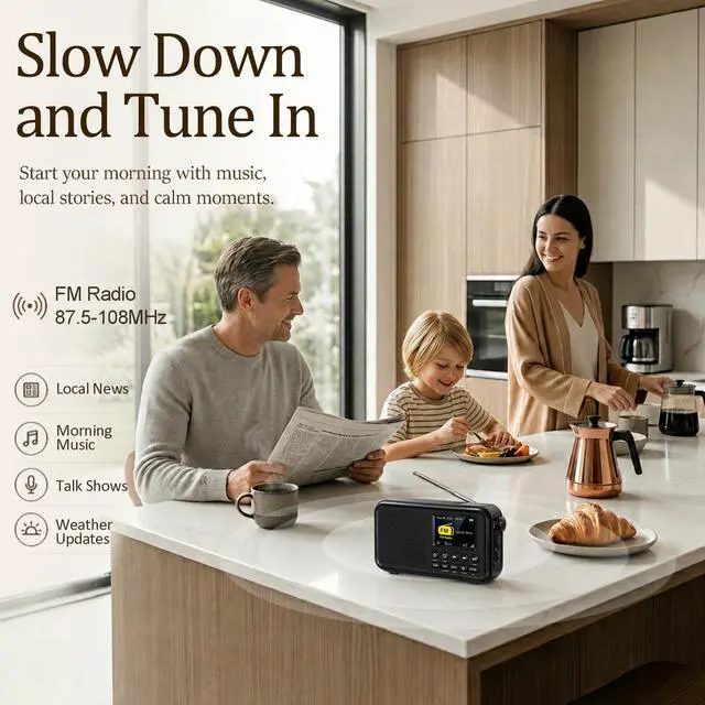 Alt view image 2 of 7 - FM Radio with Bluetooth, NOAA Weather Band, 2.4" Color Screen, Rechargeable Portable Radio, Dual Alarms, microSD Playback, USB-C Charging, Headphone Jack for Home, Bedroom, Office & Travel