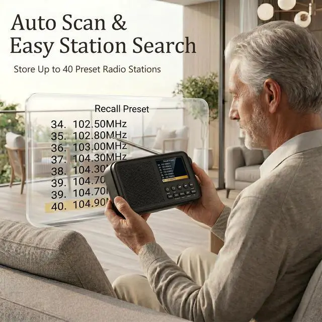 Alt view image 3 of 7 - FM Radio with Bluetooth, NOAA Weather Band, 2.4" Color Screen, Rechargeable Portable Radio, Dual Alarms, microSD Playback, USB-C Charging, Headphone Jack for Home, Bedroom, Office & Travel