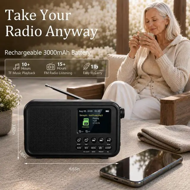 Alt view image 6 of 7 - FM Radio with Bluetooth, NOAA Weather Band, 2.4" Color Screen, Rechargeable Portable Radio, Dual Alarms, microSD Playback, USB-C Charging, Headphone Jack for Home, Bedroom, Office & Travel