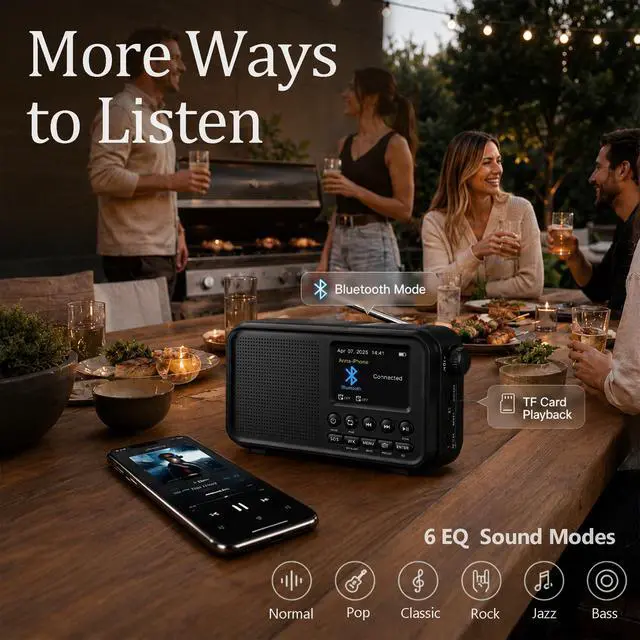 Alt view image 7 of 7 - FM Radio with Bluetooth, NOAA Weather Band, 2.4" Color Screen, Rechargeable Portable Radio, Dual Alarms, microSD Playback, USB-C Charging, Headphone Jack for Home, Bedroom, Office & Travel