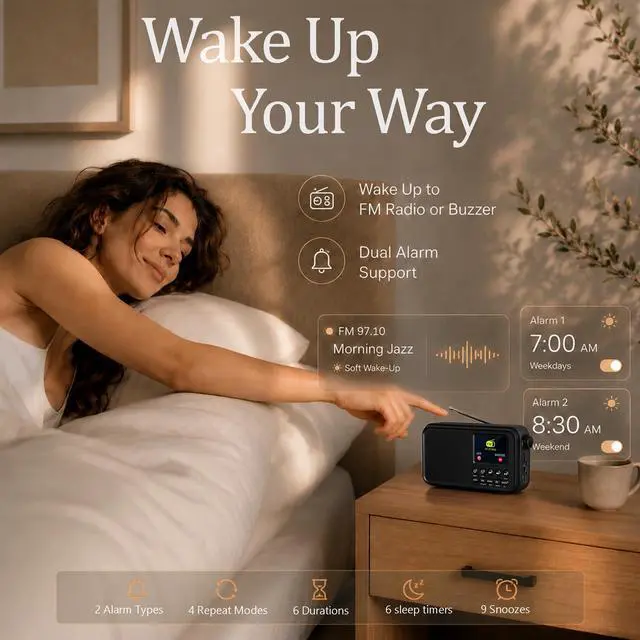 Alt view image 5 of 7 - FM Radio with Bluetooth, NOAA Weather Band, 2.4" Color Screen, Rechargeable Portable Radio, Dual Alarms, microSD Playback, USB-C Charging, Headphone Jack for Home, Bedroom, Office & Travel