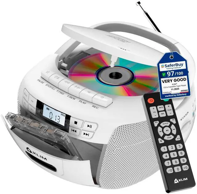Main image of CD Player & Cassette Tape Player, Bluetooth Boombox, AM/FM Radio, Stereo Sound, Remote, CD and Cassette Combo, Tape Recording, USB Drive, AUX, AC/DC Powered - White
