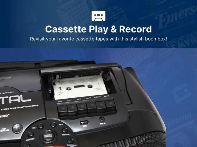 Alt view image 3 of 7 - EPB-3002 Portable Bluetooth, MP3/CD AM/FM Stereo Radio Cassette Player/Recorder with Subwoofer and USB Input Boombox
