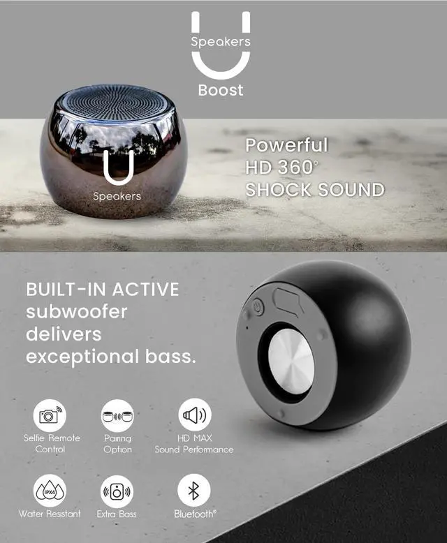Alt view image 3 of 6 - U Boost Small Bluetooth Speaker with Subwoofer, Hematite | mini bluetooth speaker, IPX4 water resistant aluminum shell, TWS pairing, hands-free calling, selfie remote button