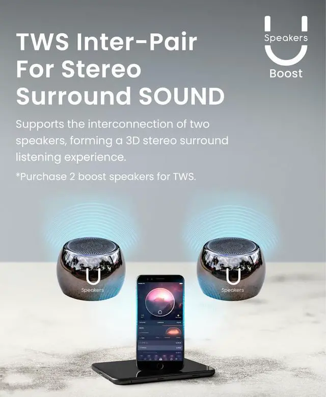 Alt view image 4 of 6 - U Boost Small Bluetooth Speaker with Subwoofer, Hematite | mini bluetooth speaker, IPX4 water resistant aluminum shell, TWS pairing, hands-free calling, selfie remote button