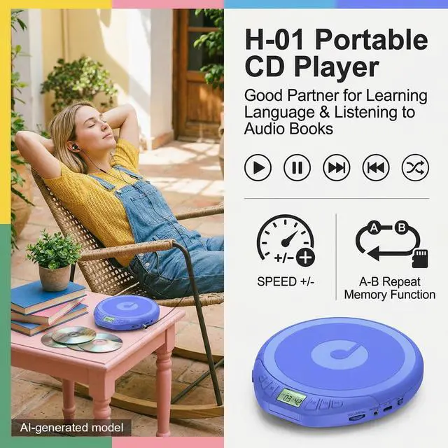 Alt view image 2 of 7 - Portable CD Player with Earphones,Personal CD Discman Player | for Home Car with Anti-Skip Shockproof Protection, Small CD Player with LCD Display for Music Lovers