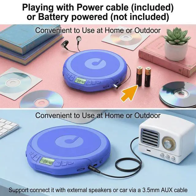 Alt view image 3 of 7 - Portable CD Player with Earphones,Personal CD Discman Player | for Home Car with Anti-Skip Shockproof Protection, Small CD Player with LCD Display for Music Lovers