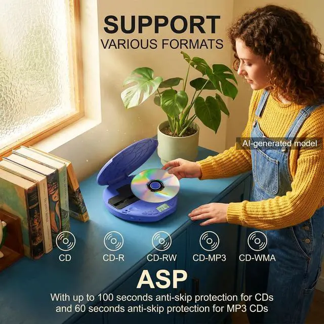 Alt view image 4 of 7 - Portable CD Player with Earphones,Personal CD Discman Player | for Home Car with Anti-Skip Shockproof Protection, Small CD Player with LCD Display for Music Lovers