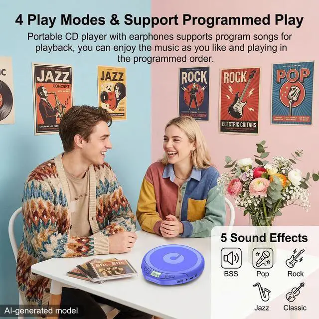 Alt view image 5 of 7 - Portable CD Player with Earphones,Personal CD Discman Player | for Home Car with Anti-Skip Shockproof Protection, Small CD Player with LCD Display for Music Lovers