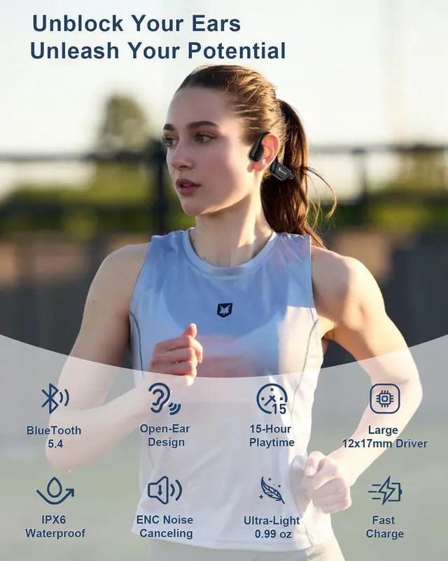 Alt view image 2 of 7 - X13 Bone Conduction Headphones, Open Ear, IPX6 Waterproof, Black | 15H Playtime, USB-C Fast Charge, Built-in Mic, Clear Calls, Bluetooth 5.4, Won't Block Ears, Great for Running & Cycling