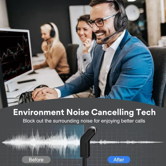 Alt view image 2 of 7 - Bluetooth Headsets with Microphone & USB Dongle, 30 Hours Talk Time & 33ft Range, AI Environmental Noise Cancelling Mic, Over-Ear Wireless Headphone for PC/Laptop/Computer/Home/Work/Office/Zoom