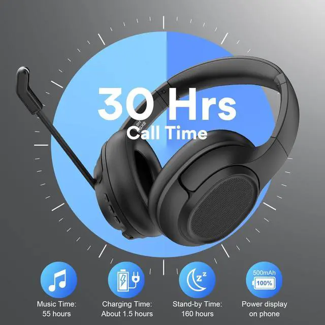 Alt view image 4 of 7 - Bluetooth Headsets with Microphone & USB Dongle, 30 Hours Talk Time & 33ft Range, AI Environmental Noise Cancelling Mic, Over-Ear Wireless Headphone for PC/Laptop/Computer/Home/Work/Office/Zoom