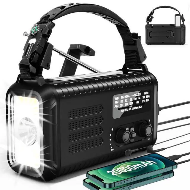Main image of Hand Crank Emergency Radio, NOAA AM/FM Solar, 20000mAh Flashlight SOS | 72000mWh Battery, Dual USB Output, 3W Super Bright LED, 8 LED Reading Lamp, Headphone Jack, Compass, for Camping