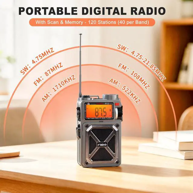 Alt view image 3 of 7 - Solar Hand Crank Emergency Radio, NOAA Weather Alert, AM/FM/SW | Digital Tuning,Bluetooth Speaker,TF Playback,Flashlight,Compass,SOS,4000mAh,Thermal Blanket,USB-C Charging,for Emergencies