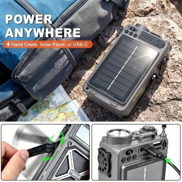 Alt view image 4 of 7 - Solar Hand Crank Emergency Radio, NOAA Weather Alert, AM/FM/SW | Digital Tuning,Bluetooth Speaker,TF Playback,Flashlight,Compass,SOS,4000mAh,Thermal Blanket,USB-C Charging,for Emergencies