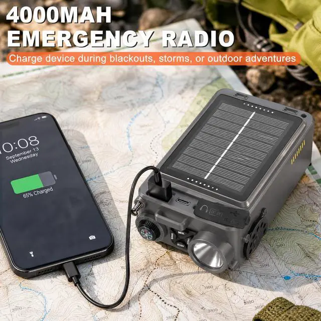 Alt view image 5 of 7 - Solar Hand Crank Emergency Radio, NOAA Weather Alert, AM/FM/SW | Digital Tuning,Bluetooth Speaker,TF Playback,Flashlight,Compass,SOS,4000mAh,Thermal Blanket,USB-C Charging,for Emergencies