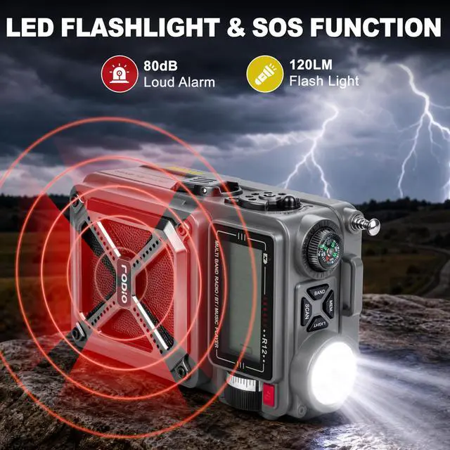 Alt view image 6 of 7 - Solar Hand Crank Emergency Radio, NOAA Weather Alert, AM/FM/SW | Digital Tuning,Bluetooth Speaker,TF Playback,Flashlight,Compass,SOS,4000mAh,Thermal Blanket,USB-C Charging,for Emergencies