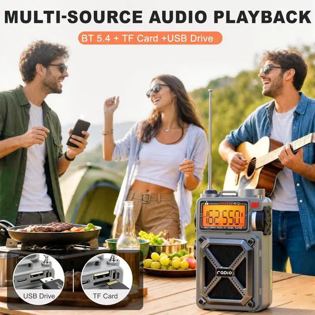 Alt view image 7 of 7 - Solar Hand Crank Emergency Radio, NOAA Weather Alert, AM/FM/SW | Digital Tuning,Bluetooth Speaker,TF Playback,Flashlight,Compass,SOS,4000mAh,Thermal Blanket,USB-C Charging,for Emergencies