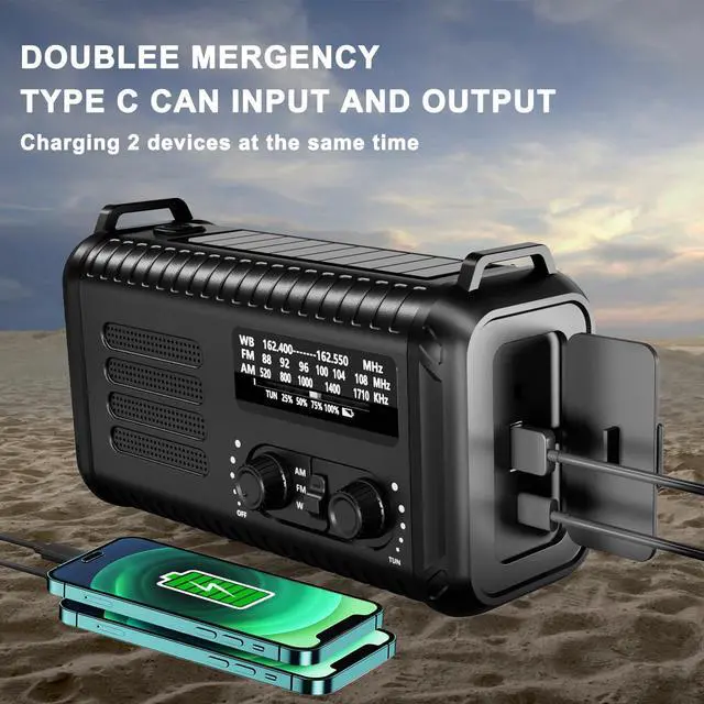 Alt view image 3 of 6 - Hand Crank Emergency Radio, NOAA AM/FM Solar, 20000mAh Flashlight SOS | 72000mWh Battery, Dual USB Output, 3W Super Bright LED, 8 LED Reading Lamp, Headphone Jack, Compass, for Camping