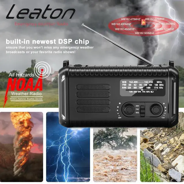 Alt view image 5 of 6 - Hand Crank Emergency Radio, NOAA AM/FM Solar, 20000mAh Flashlight SOS | 72000mWh Battery, Dual USB Output, 3W Super Bright LED, 8 LED Reading Lamp, Headphone Jack, Compass, for Camping